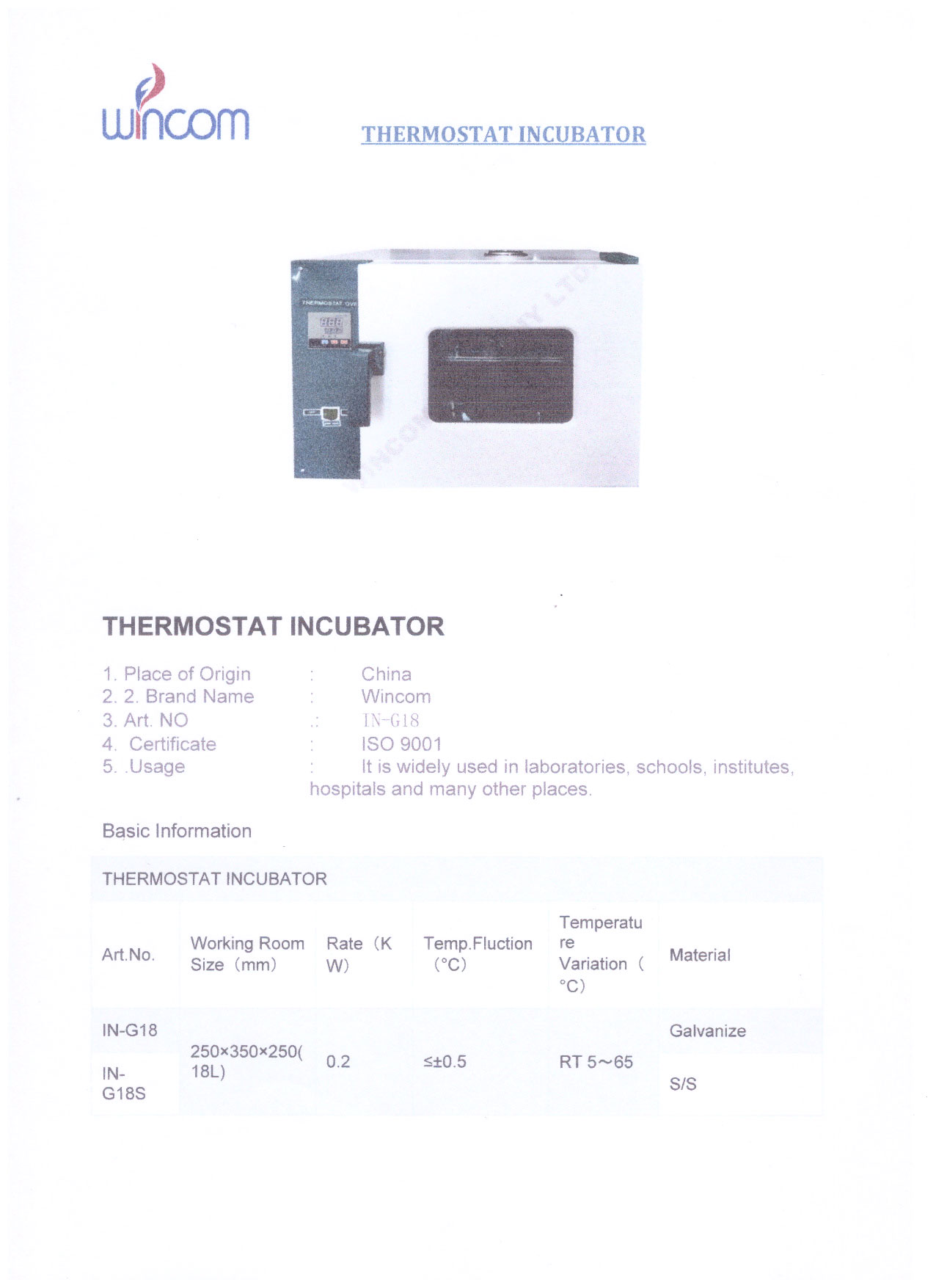 18L Laboratory Thermostat Incubator in-G18